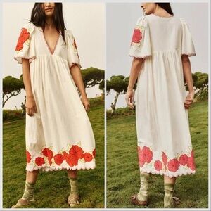 The Great Ivory Red appliqué midi/maxi length embroidered floral dress Sz M
